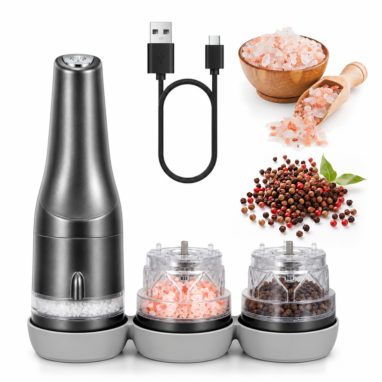 Handheld 3-Pod Electric Salt Pepper Grinder, Portable Interchangeable Seasoning Mill
