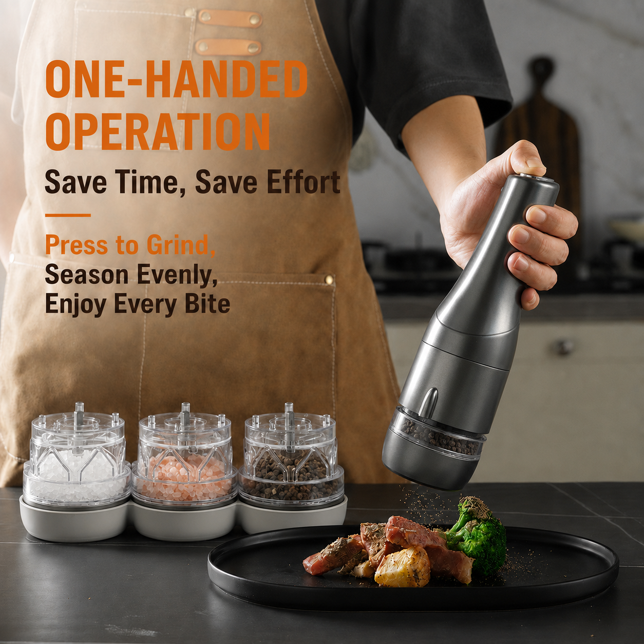 Handheld 3-Pod Electric Salt Pepper Grinder, Portable Interchangeable Seasoning Mill