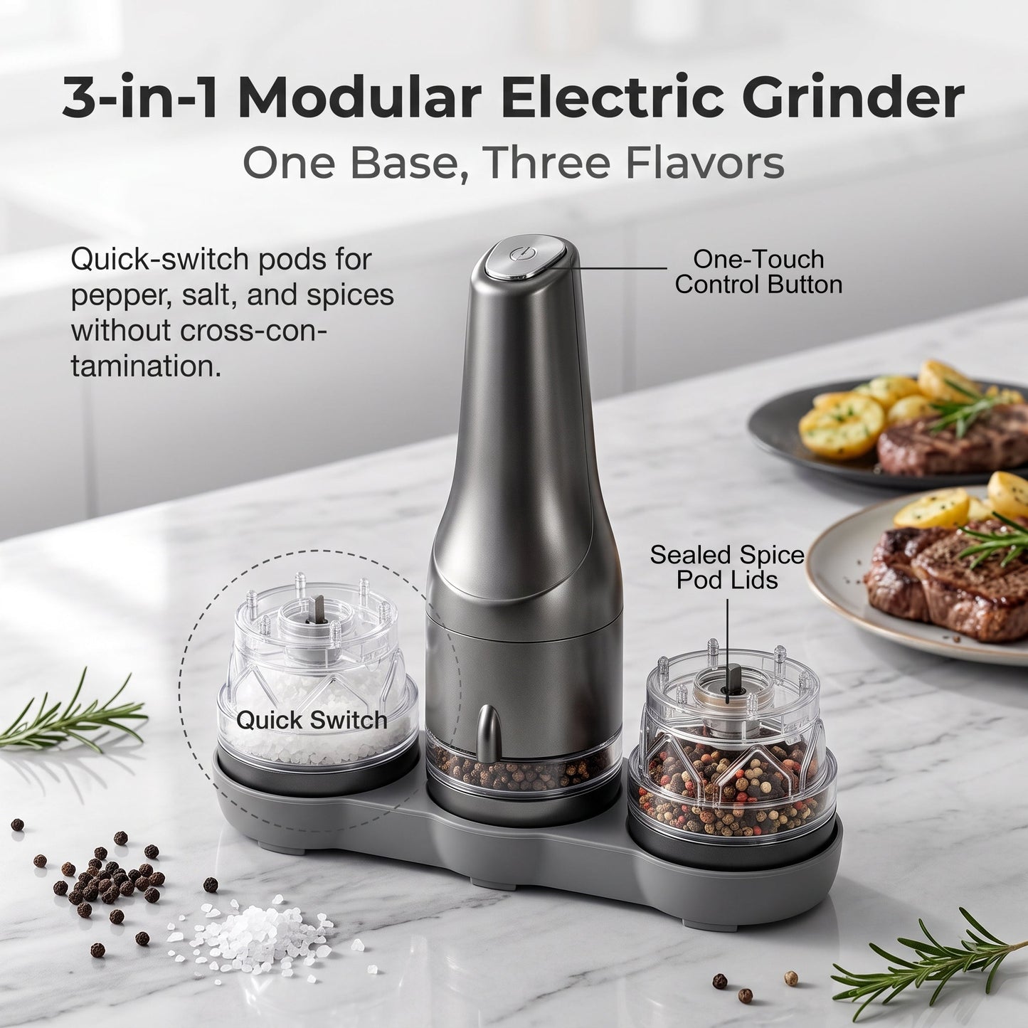 Handheld 3-Pod Electric Salt Pepper Grinder, Portable Interchangeable Seasoning Mill