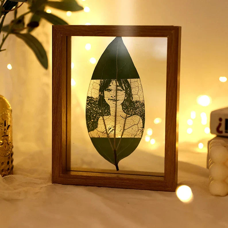 Custom Photo on Cinnamon Leaf, Engraved Photo on Leaf, Custom Home Decor, Personalized Portrait from Photo as Long Distance Gift with wooden frame