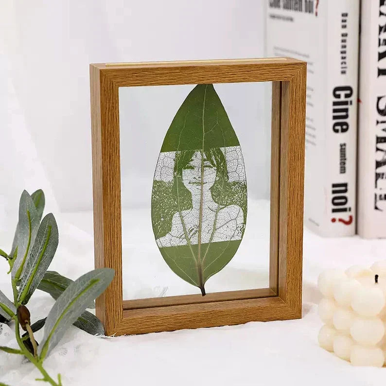 Custom Photo on Cinnamon Leaf, Engraved Photo on Leaf, Custom Home Decor, Personalized Portrait from Photo as Long Distance Gift with wooden frame