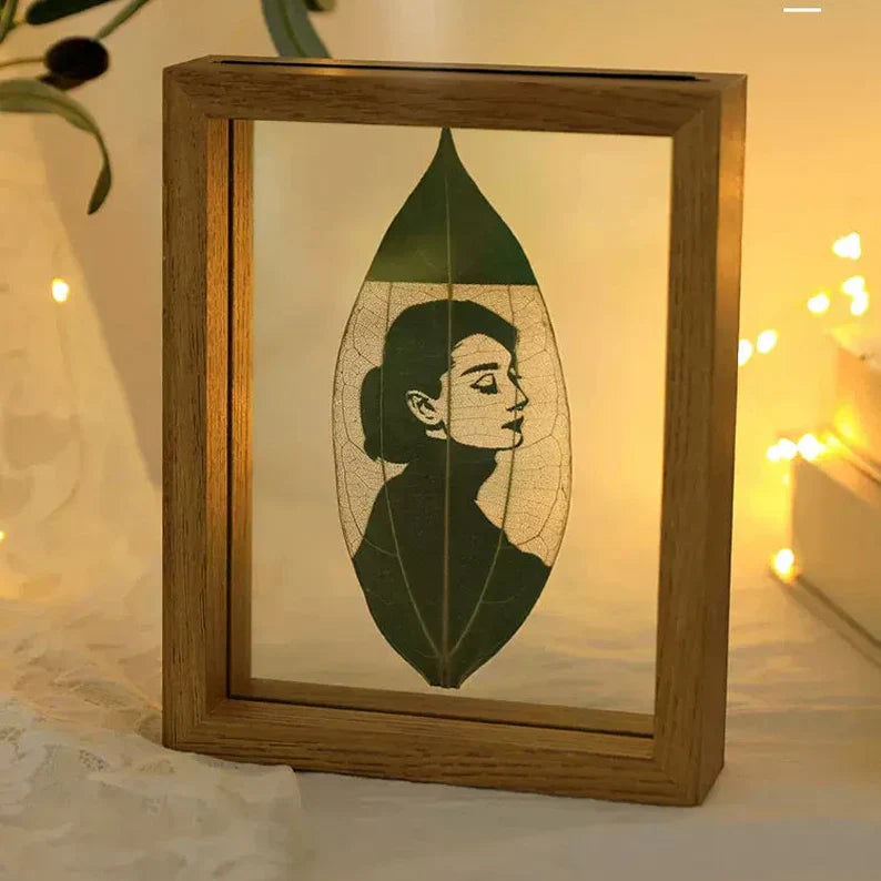Custom Photo on Cinnamon Leaf, Engraved Photo on Leaf, Custom Home Decor, Personalized Portrait from Photo as Long Distance Gift with wooden frame